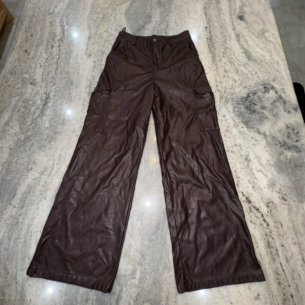 Anewsta Women's Medium 28x27 Wide Leg High Waist Brown Faux Leather Cargo Pants